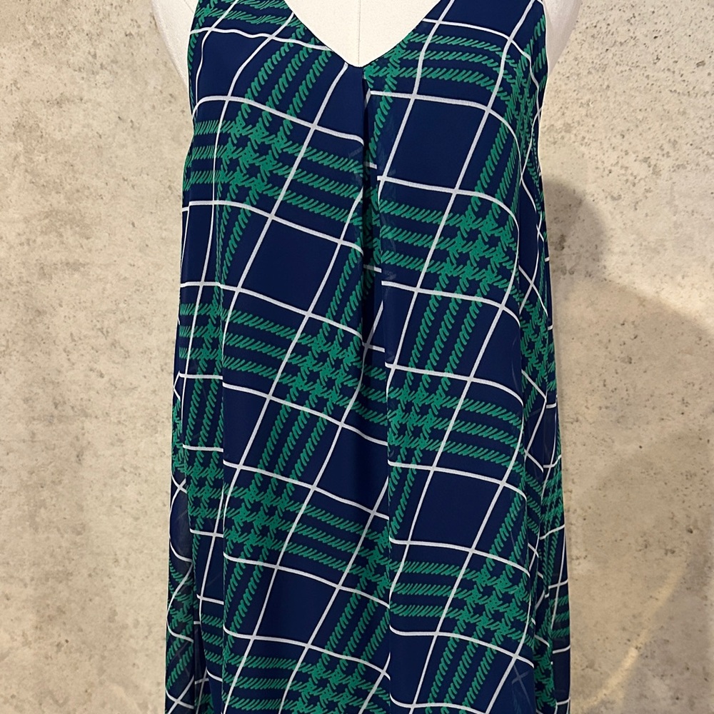 Crescent Navy & Green Plaid Sleeveless A-Line Dress | Resortwear | Size M - Picture 5 of 6